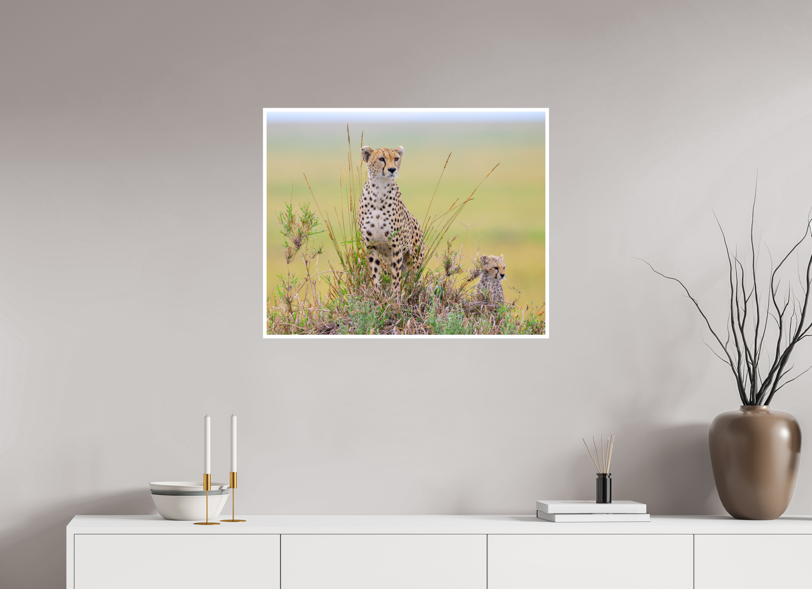 30 x 24″, Hahnemuhle FineArt Baryta Cheetah and Cub on Alert in Tanzania