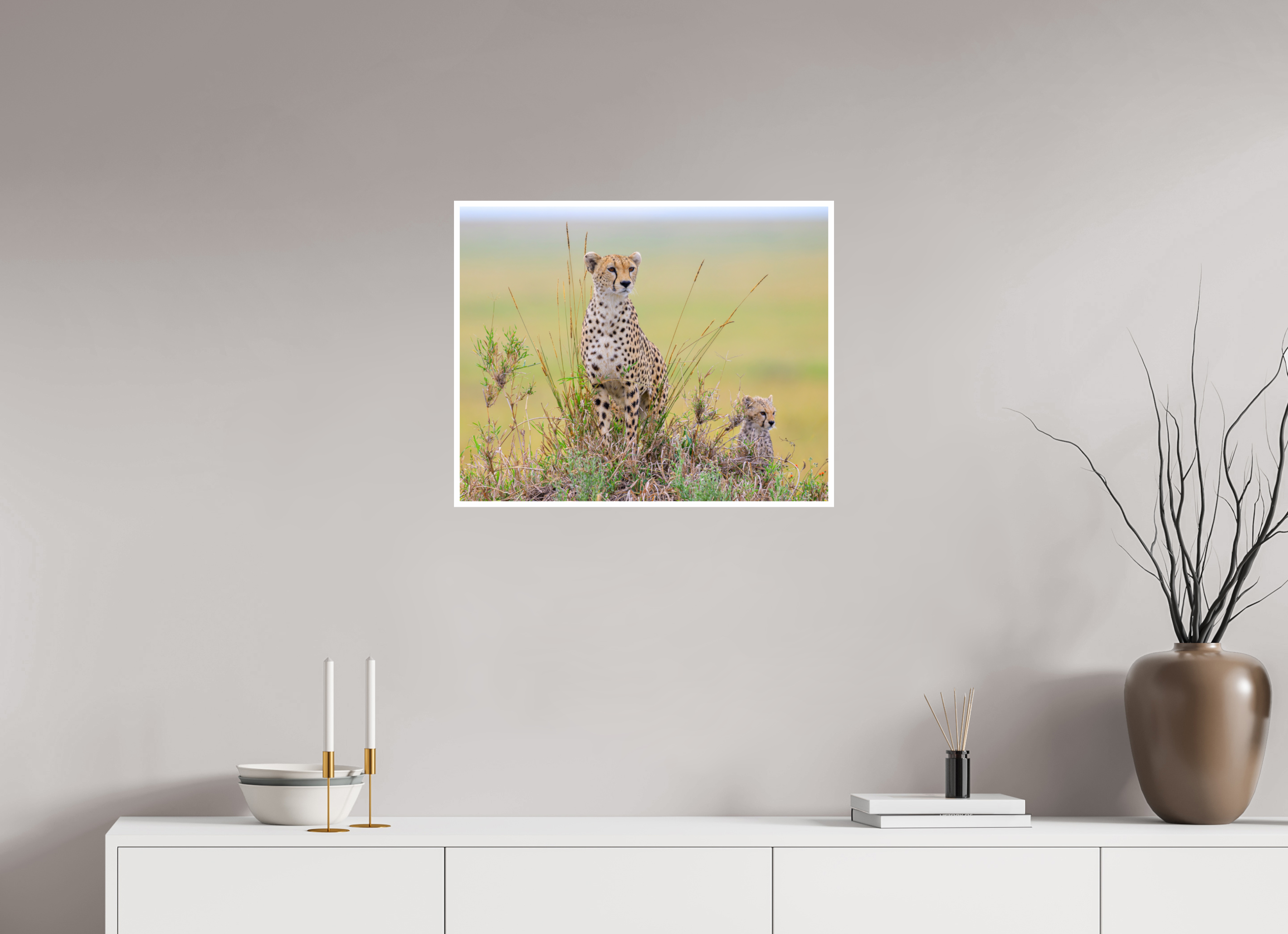 25 x 20″, Hahnemuhle FineArt Baryta Cheetah and Cub on Alert in Tanzania